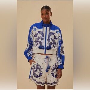Farm Rio Artisanal Embroidered Shorts Blue White XS Tassel Tie